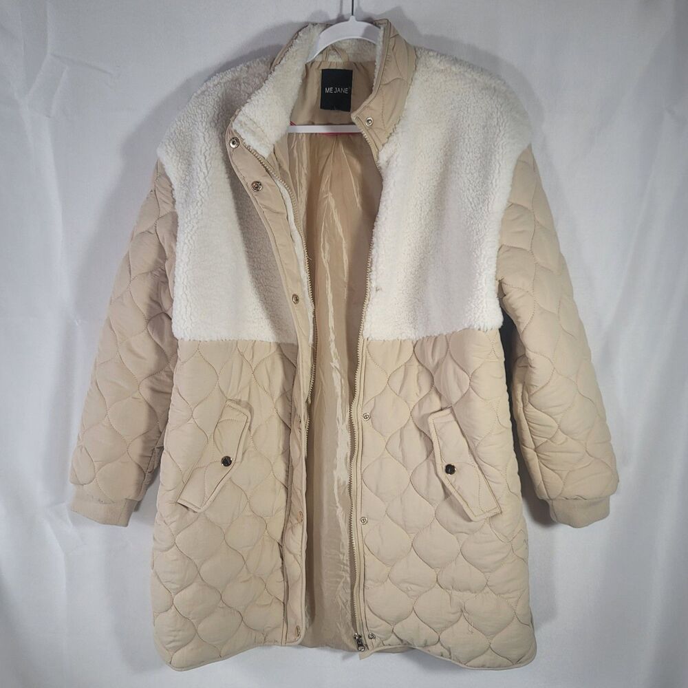 Me Jane Women's Quilted Jacket Sherpa Fleece Teddy Midi Coat Jacket Beige Large